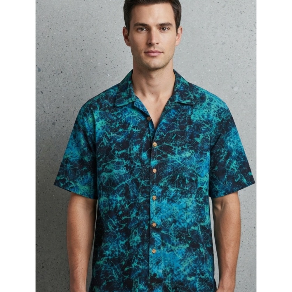 ME Sport Batik Abstract Blue Green Cotton Short Sleeve Button Down Shirt XL